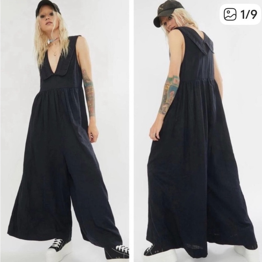 Free People Black Deep V Wide-Leg Sleeveless Jumpsuit